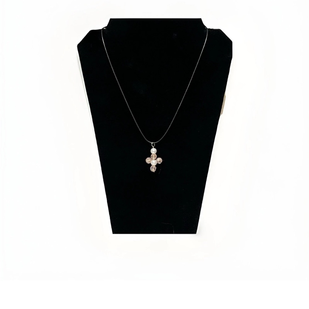 Pendant Pink And White Beaded Cross On Black Leather Cord Handmade